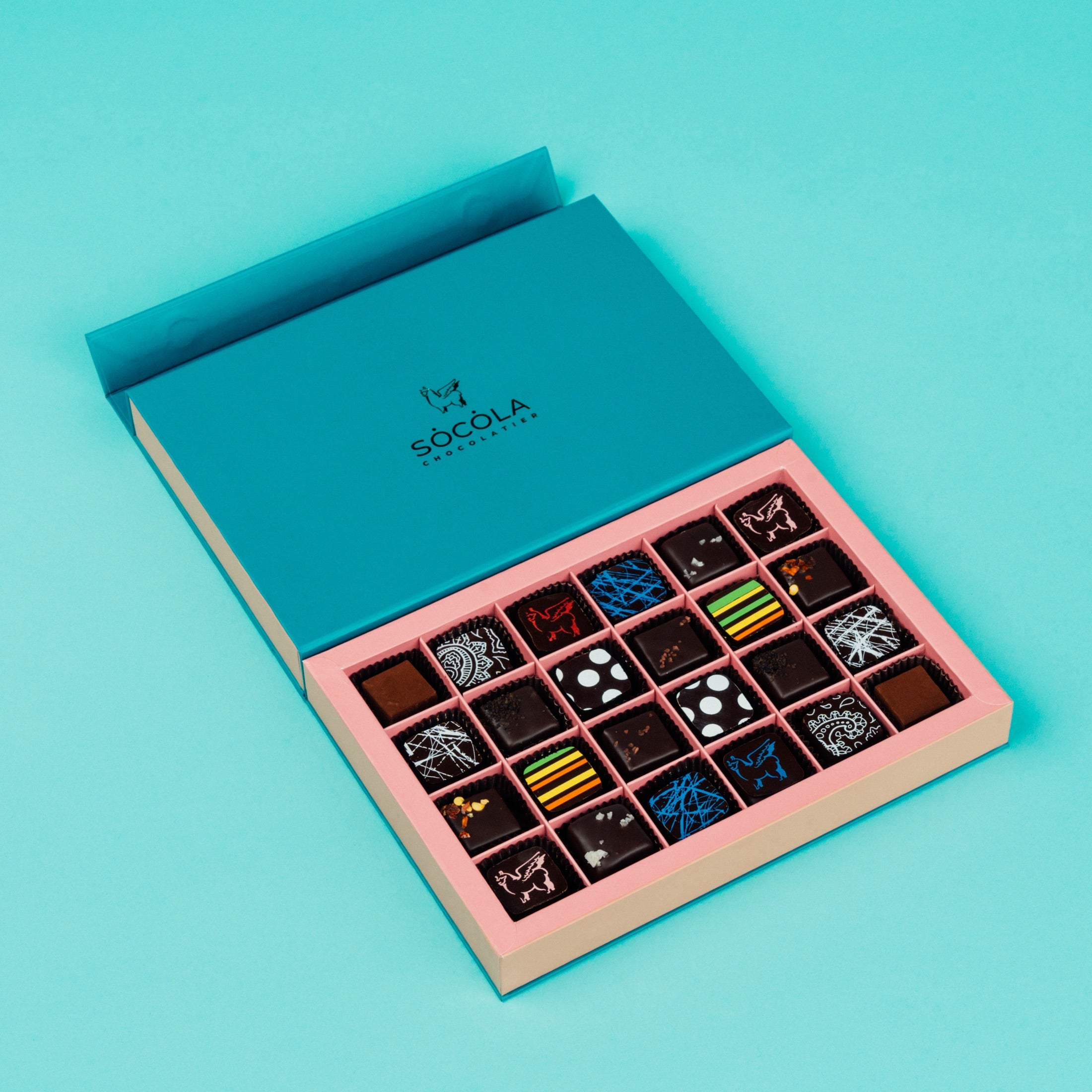Open 24-piece box of Socola chocolates