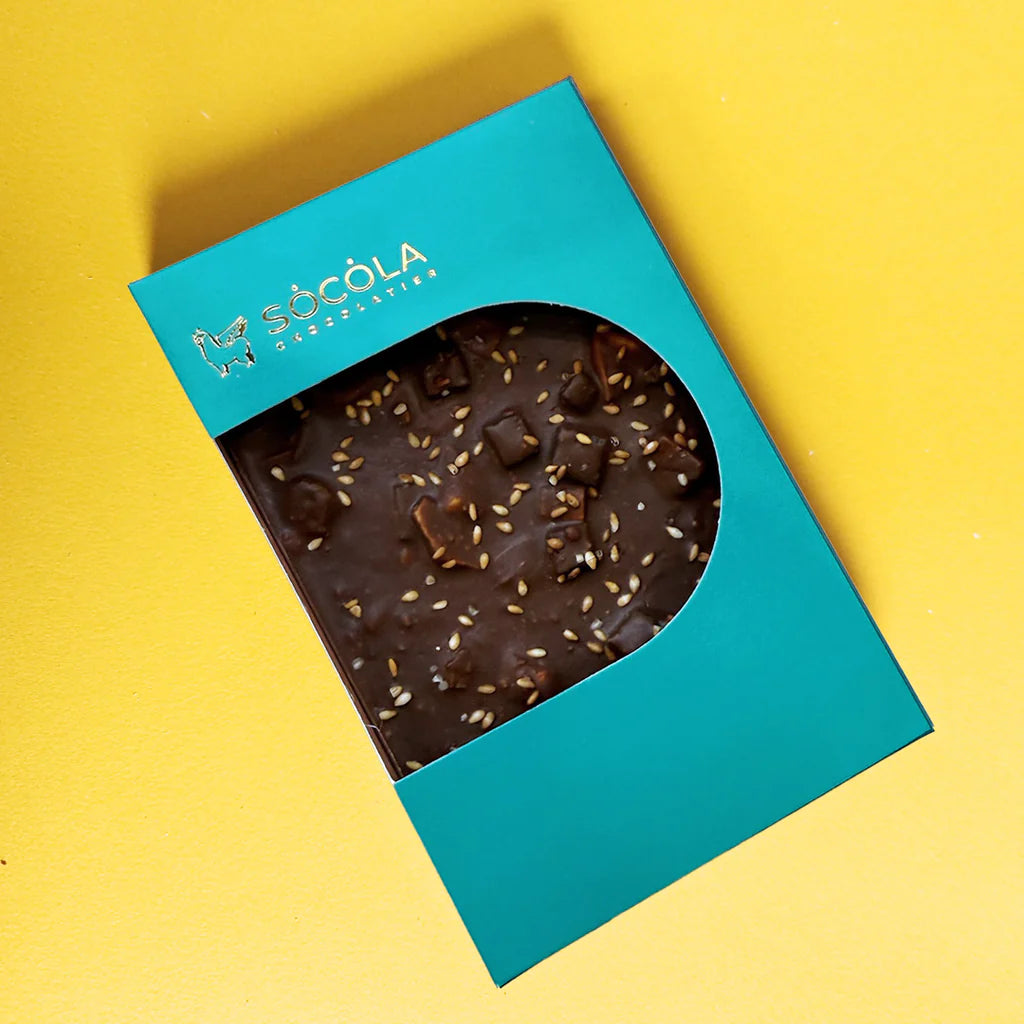 Socola heritage-inspired chocolate bar in teal packaging