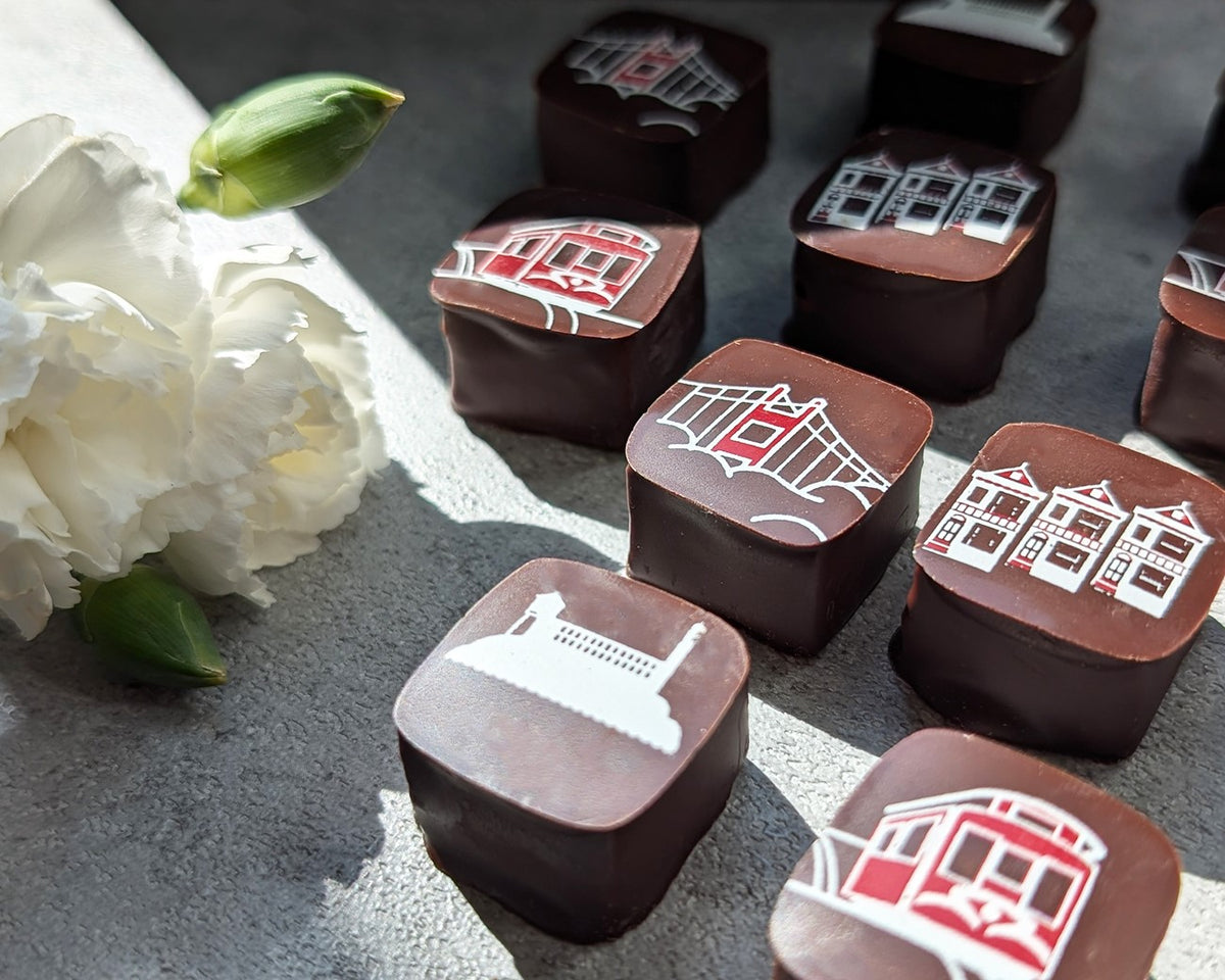 Socola chocolates decorated with San Francisco cable cars, houses, bridge, and skyline icons