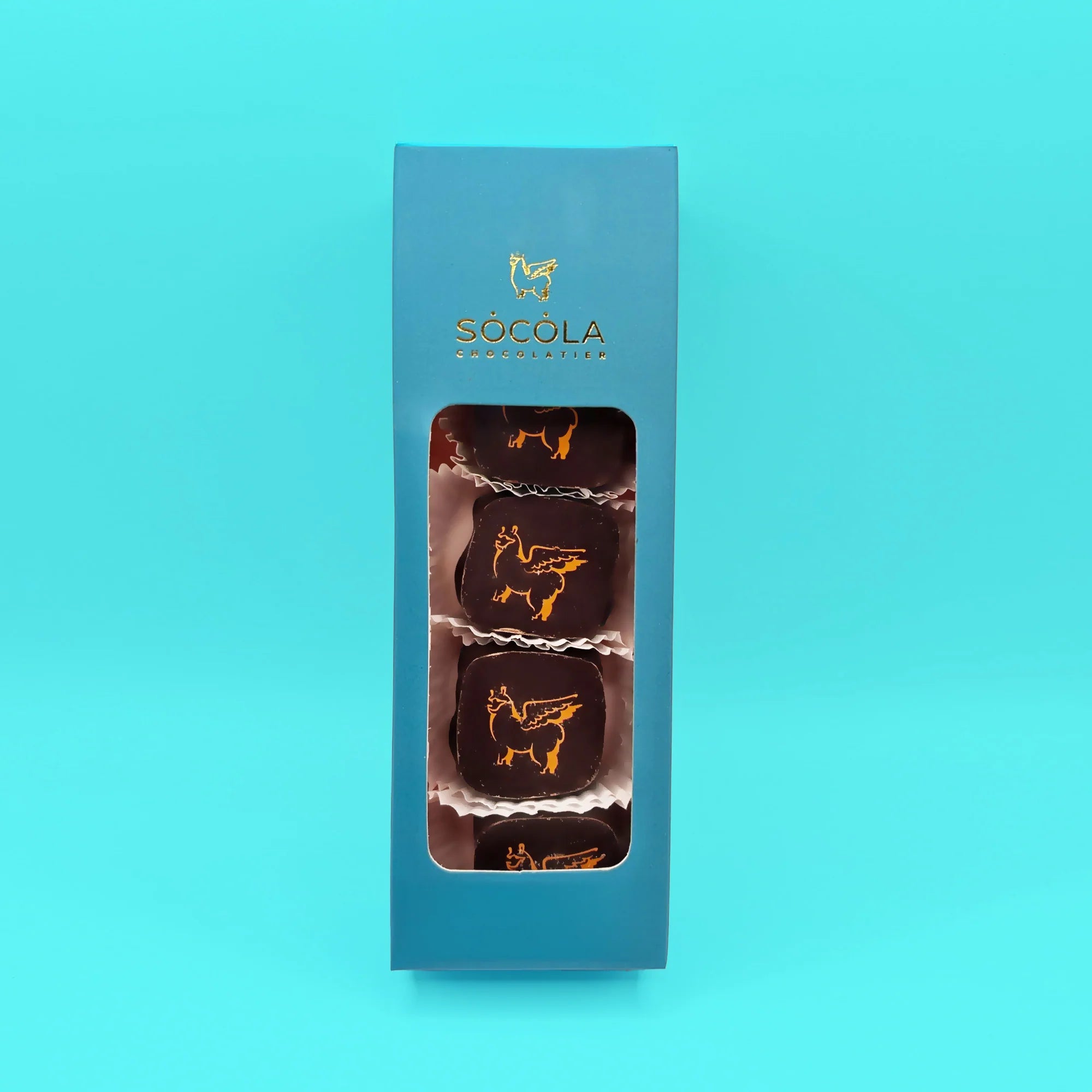 Tall teal Socola box containing four logo chocolates